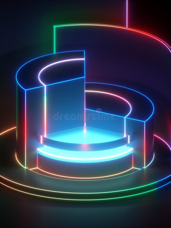 3d翻译,现代抽象几何背景,minimalistic空的陈列室,发光的霓虹灯,原始建筑学 向量例证 3d翻译,现代抽象几何背景,minimalistic空的陈列室,发光的霓虹灯,原始建筑学 向量例证